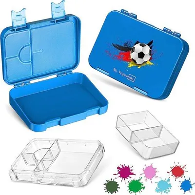 Produktbild von Famanu Bento Box Lunchbox für Kinder, 4 + 2 Fächer, robust, ideal für Kindergarten und Schule (blau, Fußball)