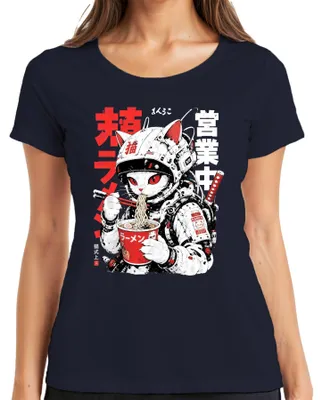 Zdjęcie produktu dla T-shirt damski z motywem "Ramen Katze Astronaut Anime", japoński, słodki motyw kota, nadruk z jedzeniem, manga, kolor granatowy, rozmiar 3XL