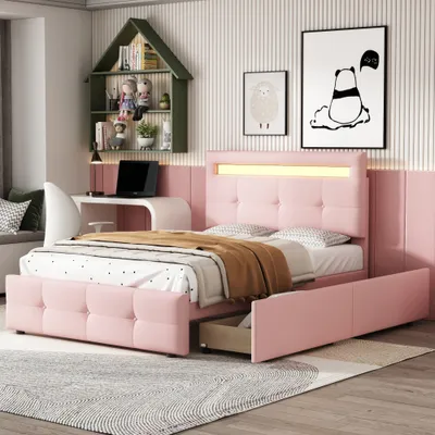 Produktbild von UnboxG Polsterbett 90x200cm mit Lattenrost,2 Schubladen, Stauraumbett Doppelbett mit Stauraumkopfteil und LED, Leinen (Rosa)