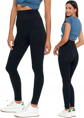 A woman is shown wearing black leggings and a blue top, with a second image showing the back of the leggings.