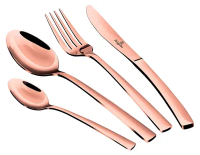 A set of rose gold cutlery arranged diagonally on a white background.