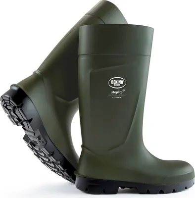 A pair of green and black rubber boots are shown against a white background.