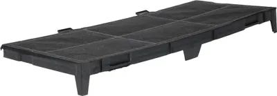 A black carbon filter for a range hood, shown from a diagonal angle against a white background.