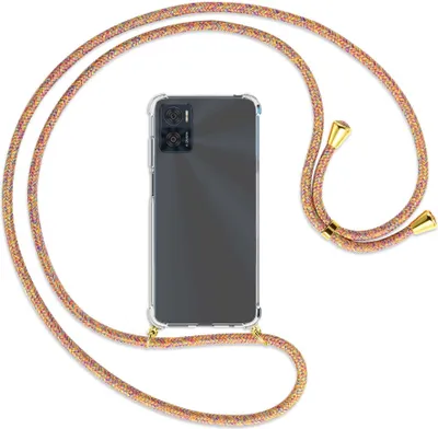 Produktbild von Handykette Backcover-Schutzhülle mit Band (Metall goldfarben) für Motorola Moto E22, Moto E22i 4G - Rainbow