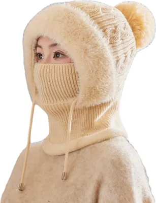 Produktbild von Strickmütze für Damen, winddicht, isoliert, Wintermütze mit Plüschbommel, 3-in-1-Mütze, Gesichtsschutz und Schal