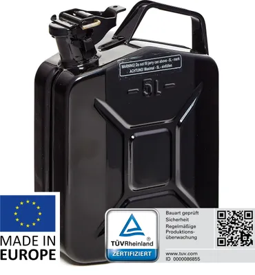 Produktbild von BW® Kraftstoffkanister Metall Benzinkanister 5 Liter - Schwarz RAL 9005 - UN-Zulassung - Hergestellt in Europa