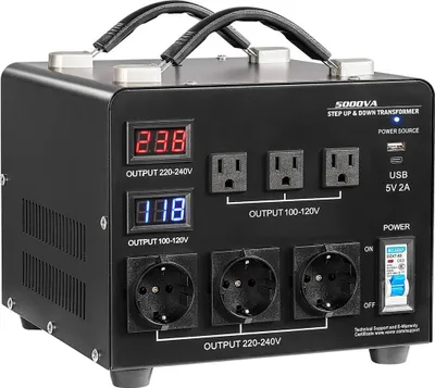 Produktbild von Spannungswandler-Transformator, 5000 VA, Hochleistungs-Aufwärts-/Abwärtstransformator, 110 V bis 220 V und 220 V bis 110 V, mit 3 US-Steckdosen, 3 EU-Steckdosen, LCD-Display, Schutzschalter