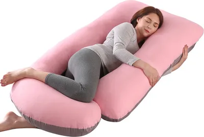 Image de Coussin de grossesse complet en forme de J avec coussin de soutien latéral séparé amovible et housse amovible, 70 * 145 cm / rose et gris
