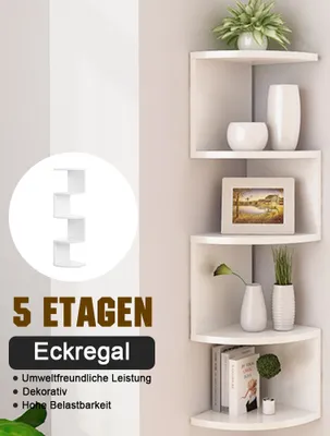 Produktbild von Bücherregal 5 Ebenen Eckregal 86CM Regal Massivholz dekorative Aufbewahrungslösung weiß
