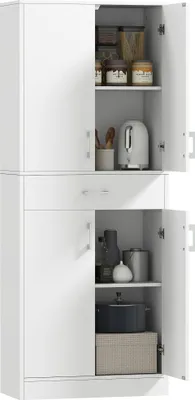 Produktbild von Küchenhochschrank 4 Türen 1 Schublade 71 x 34 x 180 cm Weiß - 2 verstellbare Einlegeböden - Kippsicherung - Modernes Design