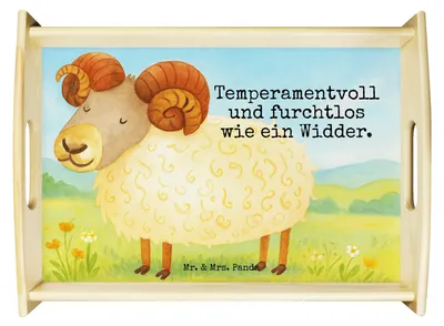 Produktbild von Mr. & Mrs. Panda Tablett Sternzeichen Widder Design - Weiß - Geschenk, Geburtstag April, März, Serviertablett, Bock, Holztablett, sofatablett, Schafbock, Servier