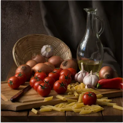 Produktbild von MuchoWow® Poster Schneidebrett - Gemüse - Stillleben - Pasta - Aus - Tomate - Schneidebrett 50x50 cm - Wohnzimmerdekoration