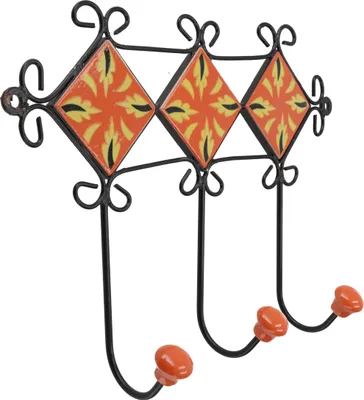 Produktbild von Dreier Garderoben Haken, Boho Wandhaken mit Fliesen, Vintage Kleiderhaken, Handtuchhalter - Modell 2, Rot, Keramik,Metall, 21*28*6 cm, Wandhaken aus Holz, Metall & Keramik