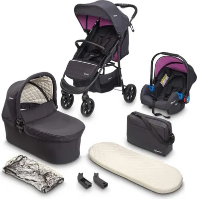 A collection of baby travel system components, including a stroller, bassinet, car seat, and accessories, laid out on a white background.