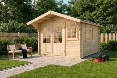 Produktbild von Gartenhaus Gabriel-34 mit Fußboden aus Holz, Gerätehaus 338x467cm, 10,07 m², 34 mm Wandstärke - Naturbelassen