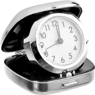 A silver alarm clock with a white face is shown in its open case.