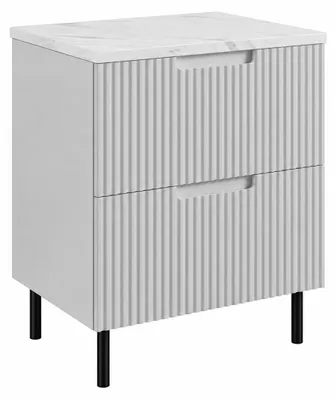 Image de Armoire de salle de bain autoportante, largeur 60 cm, façade rainurée de 16 mm, blanche, avec imitation marbre blanc, poignées sculptées, pieds ronds de 15 cm, dimensions : 60 x 46 x 7 cm, Image générée par une IA