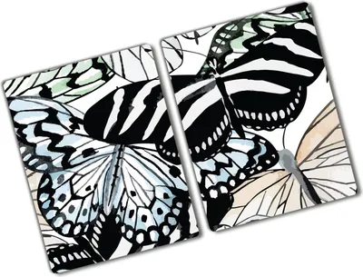 Produktbild von Tulup Glas Herdabdeckplatte - 2x40x52 cm - Glaskeramikkochfeld-Abdeckung Spritzschutz Glasabdeckplatte Kochplattenabdeckung und Schneidebrett - Zweiteilig - Tiere - Schmetterling Blume - Schwarz