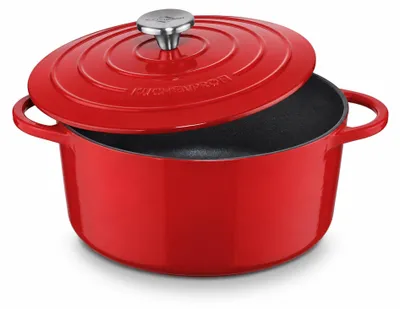 Gusseisen-Braadpan rund 26 cm, rot, mit Deckel, 5,3 Liter