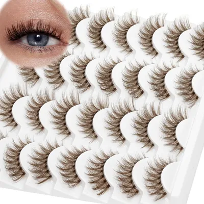 Obrázok produktu pre Falošné riasy, hnedé, 3D, objemné, s C zahnutím, 14 párov, pre prirodzený vzhľad očí