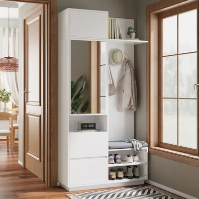 Produktbild von MODFU Kompaktgarderobe Garderobenset mit Spiegel und Schuhschrank,Flurgarderobe mit Sitzbank und Haken,Flurmöbel mit Kleiderhaken,Weiß