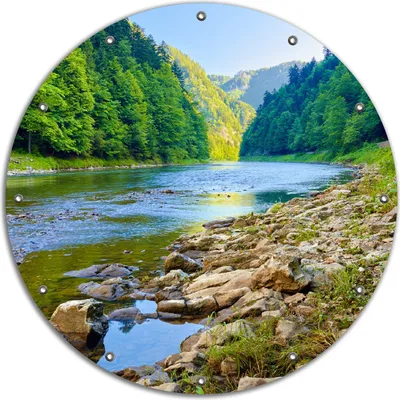 Produktbild von Wallario rundes Outdoor-Poster für Garten oder Balkon, Motiv Fluss in den Bergen an steinigem Ufer, 90 cm Durchmesser