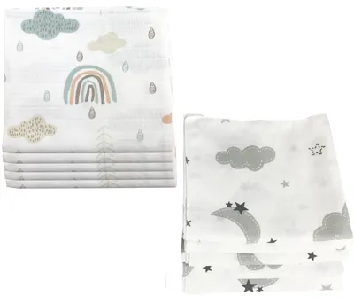 Produktbild von M.M.C. Spucktücher 10 PACK Spucktücher Mullwindel One Size Wolken (5 Grau, 5 Grün)