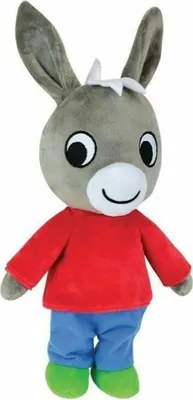 A plush toy donkey standing against a white background.