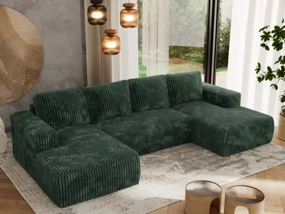 Produktbild von MKS MEBLE Sofa mit Schlaffunktion - Ecksofa mit Schlaffunktion und Bettkasten - Sofa 5 Sitzer - Schlafsofa - Couch - Schlafsofa mit Bettkasten - Trentino U - Grün Cord