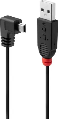 Imagen del producto de Lindy 31971, cable USB 2.0, conector tipo A y mini-B, ángulo de 90 grados, longitud de 1 metro. Conector mini-B en ángulo recto