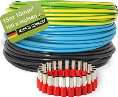 Produktbild von INVOLT H07V-K Verdrahtungsleitung Set, 10 mm², 3x15m Einzeladern, 100 Aderendhülsen, Schwarz/Blau/Grün-Gelb, VDE-