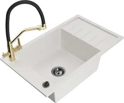 Produktbild von Mexen Elias 1 Becken-Granitspüle mit Abtropffläche und Mischbatterie Duo, Weiß - 6511-20-671701-57-B