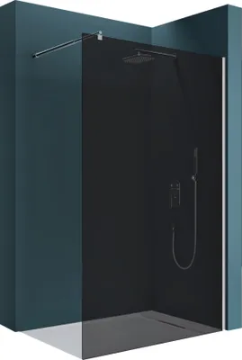 A modern walk-in shower enclosure with a black glass panel and silver fixtures, set against a dark teal wall.