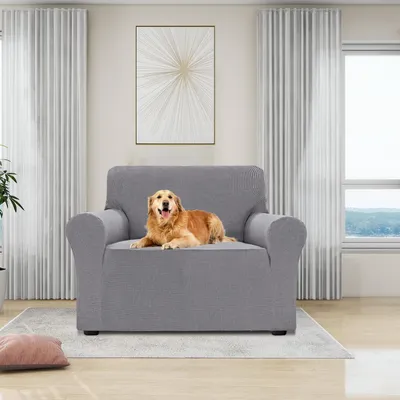 Obrázok produktu pre Poťah na kreslo, svetlosivý, 75-90 cm, elastický, chráni pred poškriabaním, s ochranou operadla, protišmykový