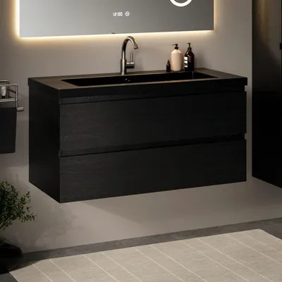 Produktbild von Mirlux Badezimmermöbel-Set Schwarz Eiche 100 cm – Schwarzes Waschbecken – Badezimmermöbel-Set – Waschtisch aus Schwarz Eiche