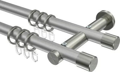 Produktbild von Interdeco Gardinenstange / Vorhangstange Silbergrau / Edelstahl-Optik, Typ Platon Santo (Kappe), 20 mm Ø 2-läufig, 540 cm