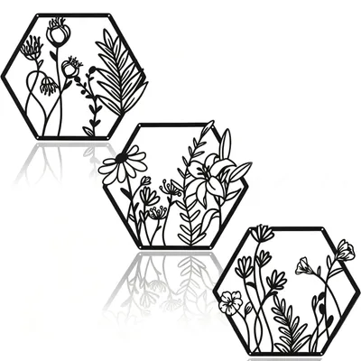 3er Set Blumen-Wanddeko aus Metall, schwarz, minimalistisch, 30 cm