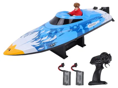 Produktbild von RC-Rennboot, 2,4 GHz, 25 km/h, ferngesteuertes Hochgeschwindigkeits-Rennboot mit LED-Beleuchtung und Niederspannungsalarm, für Seen und Schwimmbäder, blau