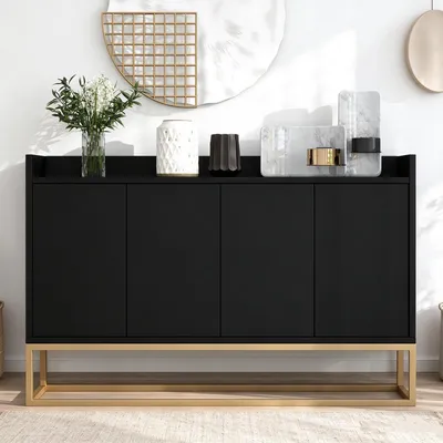 Produktbild von INONEFT Kommode Sideboard mit 4-Türiger und verstellbaren Ablagen, Metallrahmen Anrichte für Esszimmer, Wohnzimmer, Küche, 120*30*80 cm, Schwarz