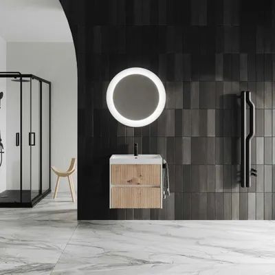 Produktbild von Badmöbel- Set in goldeiche geriffelt und runden Led Lichtspiegel | Cortina