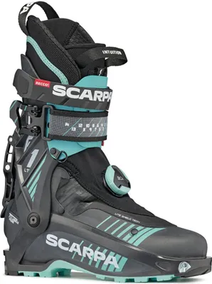Skitourenschuh F1 LT Wmn von Scarpa in Schwarz und Türkis mit Schnallen und Drehverschluss.