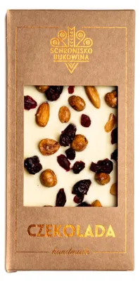 Zdjęcie produktu dla Czekolada biała z owocami liofilizowanymi i pistacjami 100g - Schronisko Bukowina