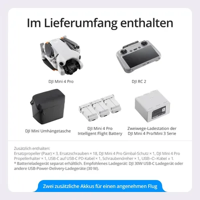 An image displaying the contents of a DJI Mini 4 Pro Fly More Combo, including the drone, remote controller, bag, batteries, and charging station.