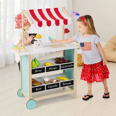 Produktbild von GOPLUS Eiswagen aus Holz für Kinder, Kaufladen mit 6 Eiscreme, Ringglocke und Waage, Einkaufswagen für Kleinkinder mit Tafel, Geschenk ab 3 Jahren