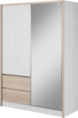 Produktbild von Furniture24 Kleiderschrank SARA 150 cm Schrank 2 Drehtüren 1 Schiebetür Weiß/Sonoma Eiche