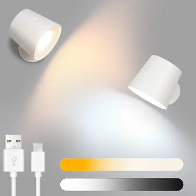 Zdjęcie produktu dla ZMH LED Wall Light White 2szt Wewnętrzna lampa ścienna Obrotowa 360 ° Sterowanie dotykowe 3 poziomy jasności Bezprzewodowy dla dzieci Pokój dzienny Sypialnia Przedpokój