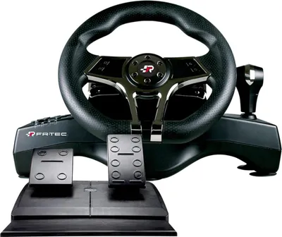 A racing wheel, pedals, and shifter are shown against a white background.