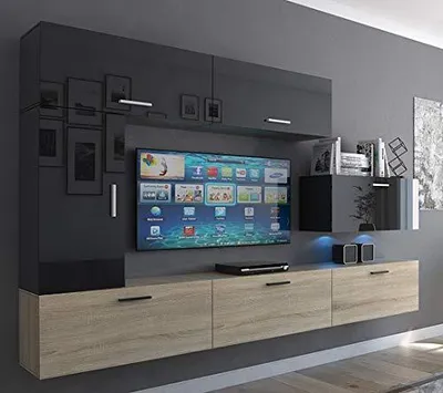 Immagine prodotto di Furnitech Parete attrezzata soggiorno - Mobili da soggiorno con LED Bianco - Parete attrezzata Moderna - Scaffali e mobile TV (Future C10_HGM_BS_12 1B)