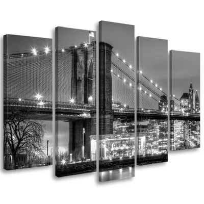 Produktbild von 5-teiliges leinwandbild manhattan brücke new york 200x100 cm Feeby grau wandbild bereit zum aufhängen