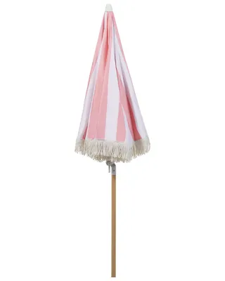 Obrázek produktu pro BELIANI Zahradní slunečník Bílá růžová látka Bukové Dřevo Tyč ⌀ 150 cm Kulatý retro zahradní venkovní naklápěcí UV odolný